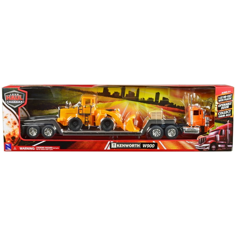 Kenworth W900 Truck with Lowboy Trailer Orange and Wheel