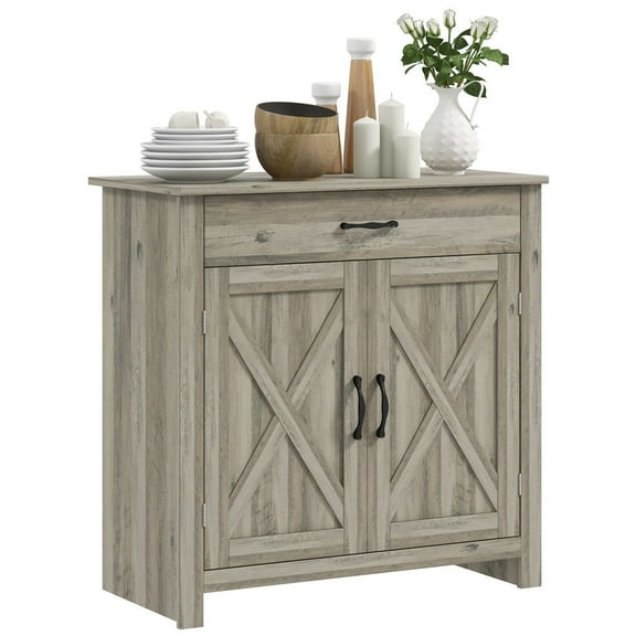 Kepooman Sideboard,Farmhouse Sideboard Cabinet with Barn Doors Kitchen Buffet Cabinet with Drawer and Shelf Gray Wash