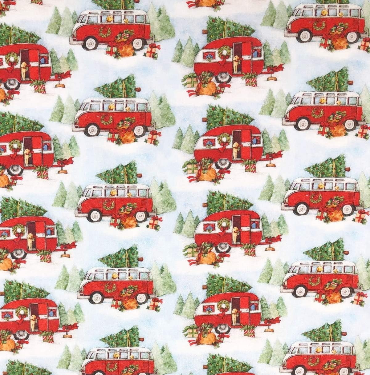 1 Yard - Classic VW Bus & Teardrop Camper Christmas Cotton Fabric (Great for Quilting, Sewing, Craft Projects, Throw Pillows & More) 1 Yard X 44" Wide