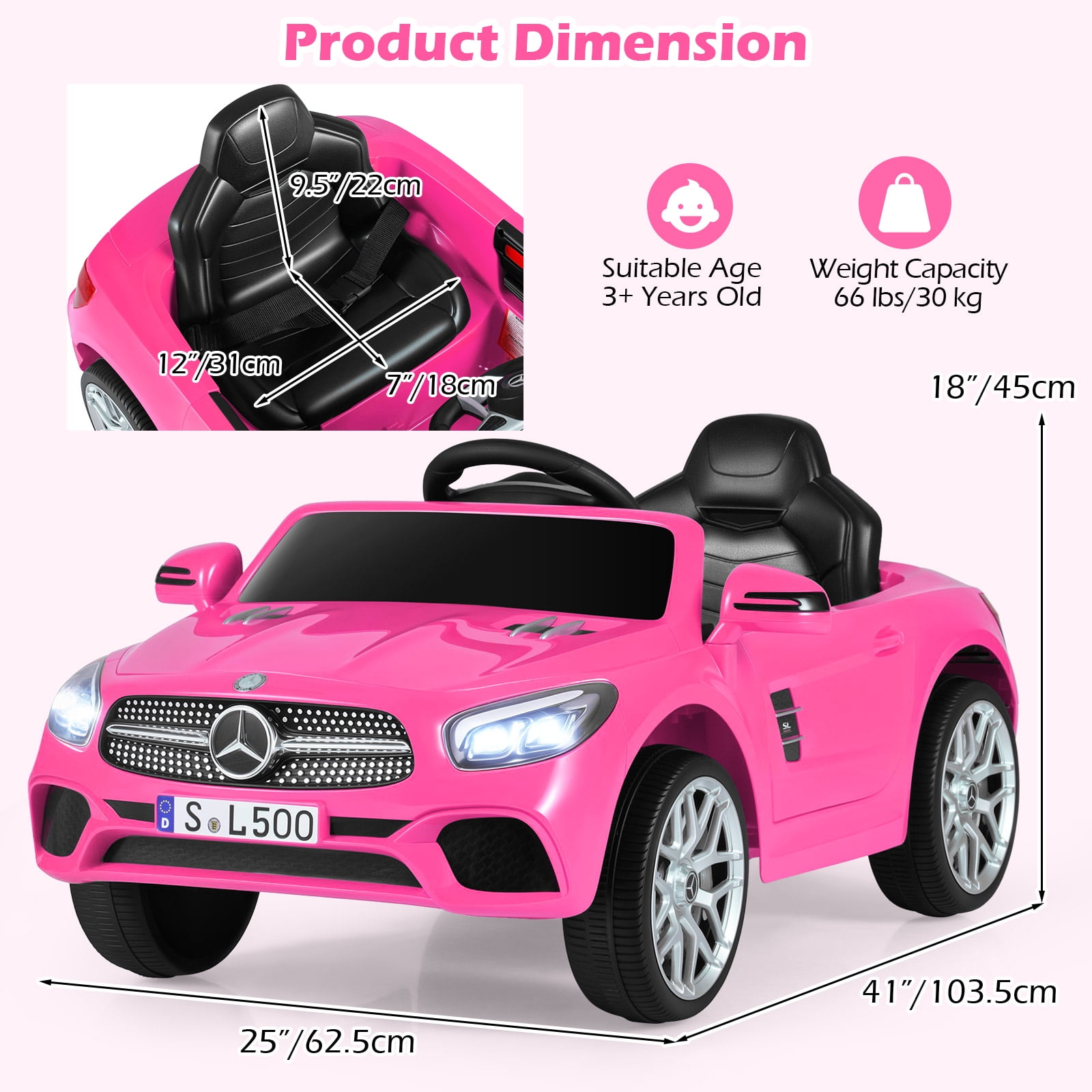 OLAKIDS 12V Electric Kids Ride On Car, Licensed Mercedes Benz SL500 Toy Car with Remote Control, MP3 Plug, USB, 2 Speeds, LED Lights, Battery Powered Toy Vehicle for Toddler Children