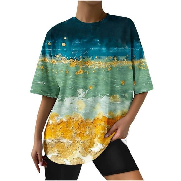 Women Trendy Graphic Print Tee Shirt Oversized Short Sleeve Crew Neck Drop Shoulder Casual Blouse T-Shirt Tops Pullover