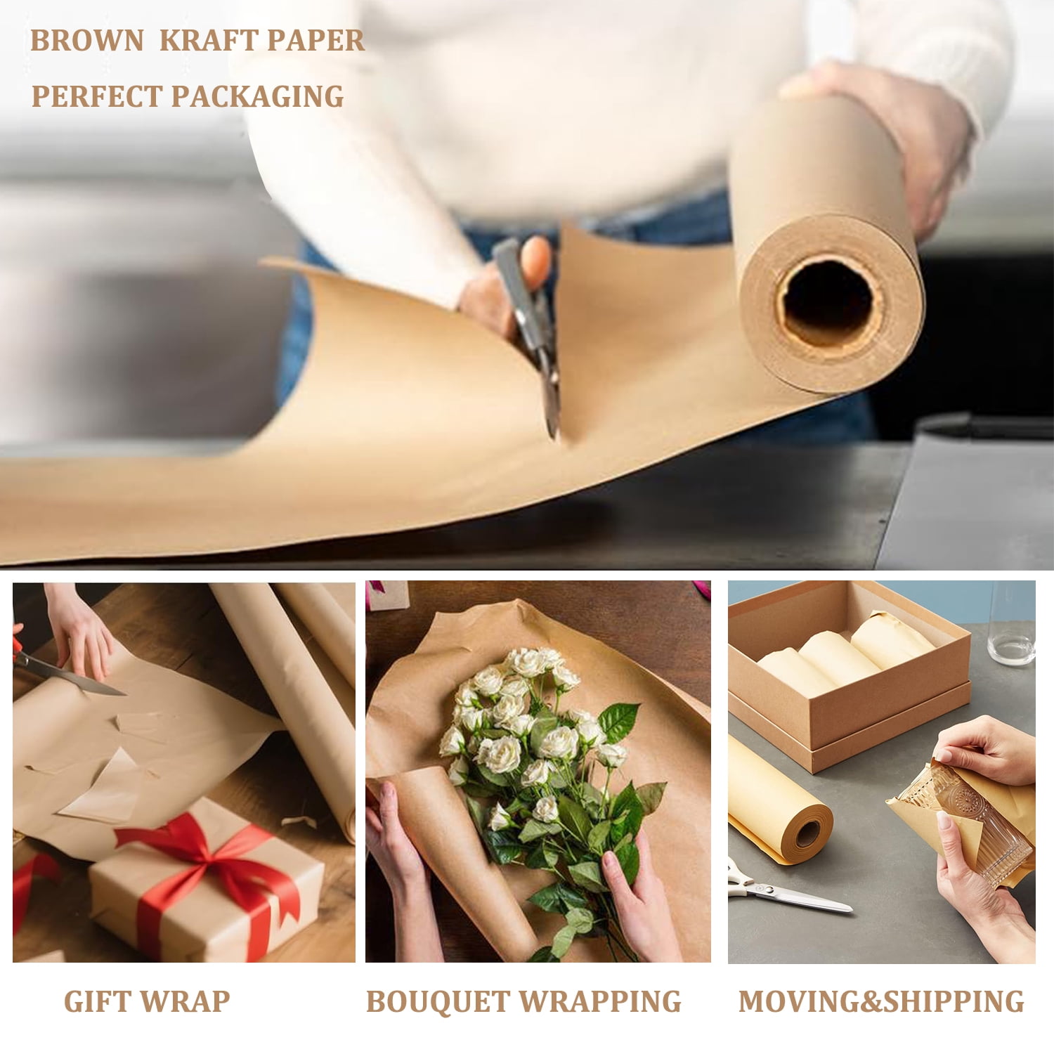 Brown Kraft Paper Roll, Brown Wrapping Paper Set for Packing, Moving, Shipping & Crafts/Arts With Jute String And Gift Tags(14.96in x 32.80ft)
