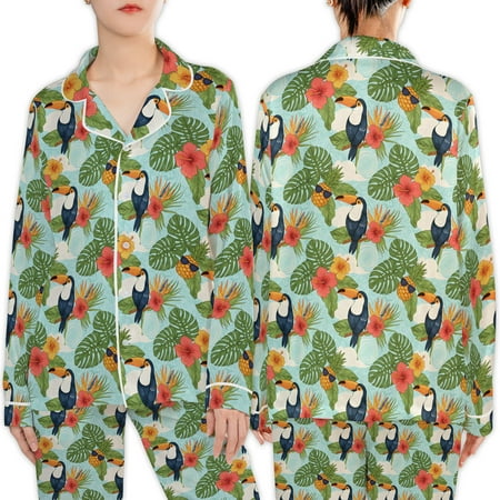 Lotusprinthandmade Tropical Parrot All-over Print Satin Pajamas Set (No Pocket) (3XL) parrot lover satin pajama set