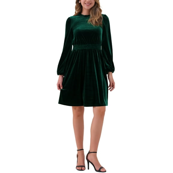 INSPIRE CHIC Velvet Dresses for Women's Smocked Waistline Long Sleeve Wedding Guest Dress M Green