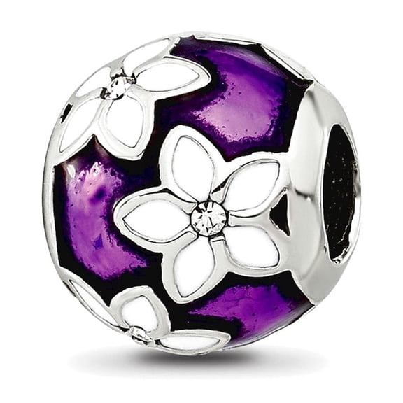 9.5mm 925 Sterling Silver Reflections Purple and White Enamel And Cubic Zirconia Floral Bead Charm Pendant Necklace for