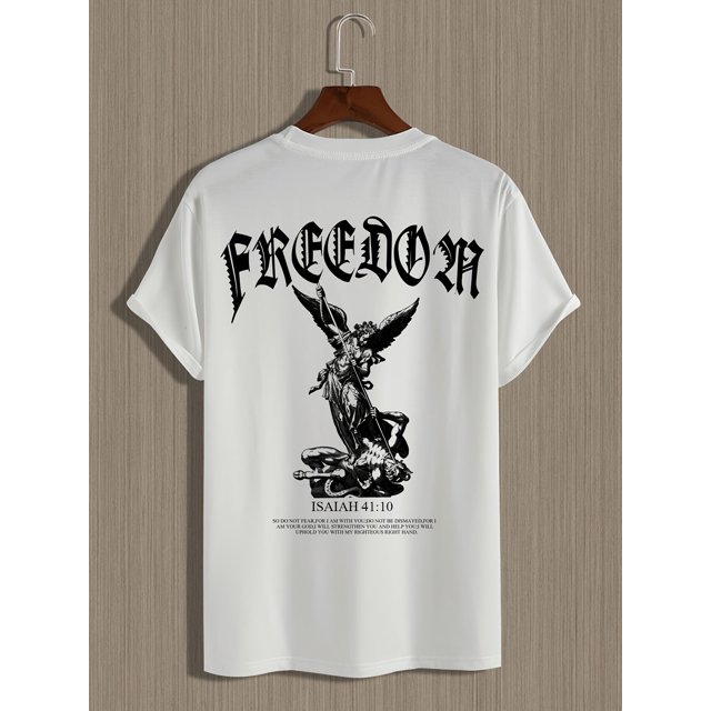 Camiseta de manga corta con gráfico "Freedom and Angel" para hombre, cómoda y elástica, ideal para el verano, ropa informal de moda para el día a día.