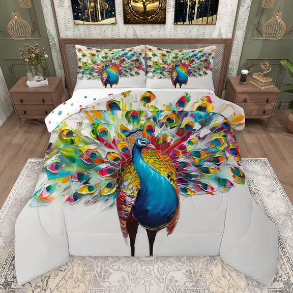 Manfei Colorful Cute Peacock Bedding Comforter Set,Zoo Animal Twin Comforter Sets,Oil Painting Aesthetic Bedding Set For Girls Kids,Luxury Bedroom Decor Reversible,2 Pieces