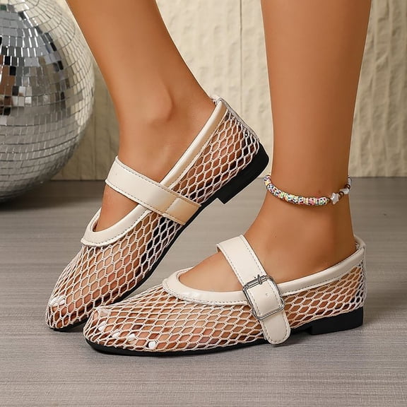 Lenago Mesh Ballet Flats for Women Fishnet Ballerina Flats Buckle Strap Mary Jane Causal Daily Dress Shoes Summer Vacation Beach Fashion White Size-8.5