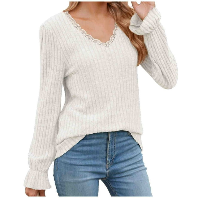 Yuyuzo Sweater for Womens Ribbed Knit Ruffle Long Sleeve V Neck Loose Casual Solid Color Fall Pullover Tops