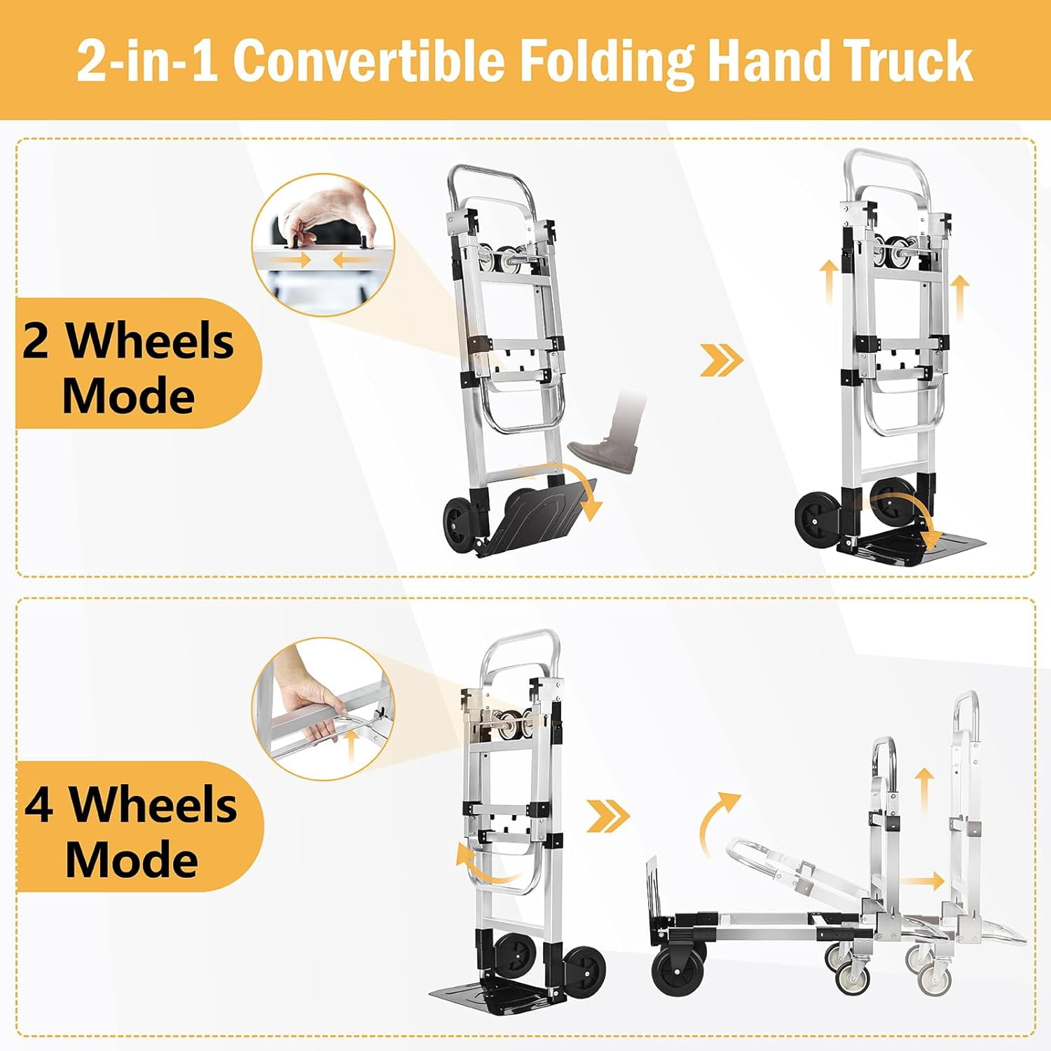 600 LBS Heavy Duty Dolly Cart with Wheels, 3-in-1 Folding Hand Truck with Retractable Handle, Aluminum Alloy Collapsible Hand Cart for Warehouse Home Supermarket