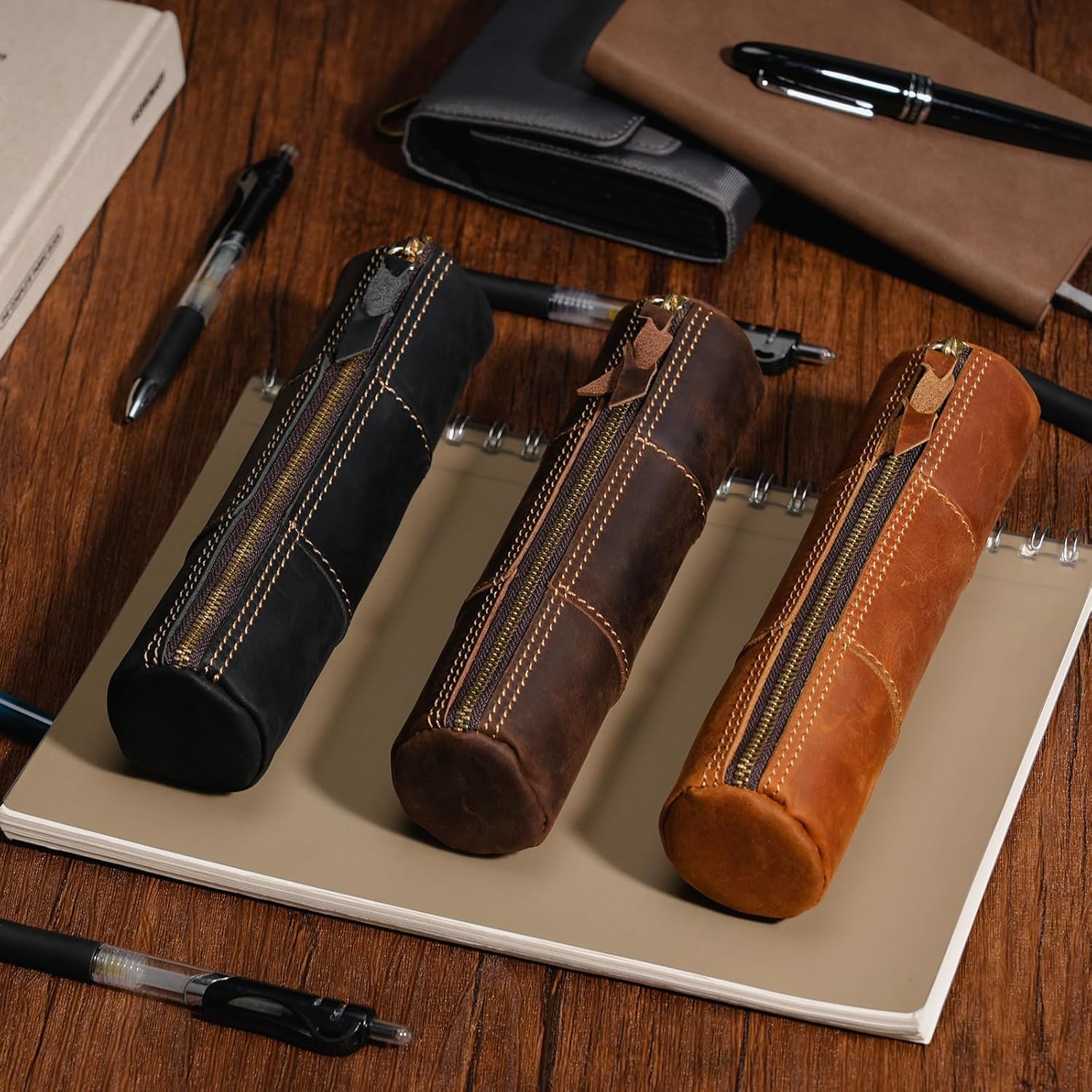 ABPETE Genuine Leather Pencil Case, Full-Grain Cowhide Leather Pouch, Small Pencil Pouch for Men, Vintage Pen Bag for Adults, Stationery Organizer Case for Work & Travel-Cylinder-Coffee