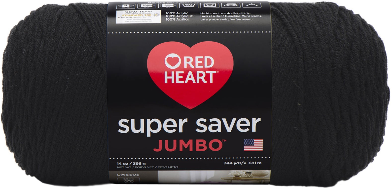 Red Heart Super Saver Jumbo Black Yarn - 2 Pack of 396g/14oz - Acrylic - 4 Medium (Worsted) - 744 Yards - Knitting/Crochet