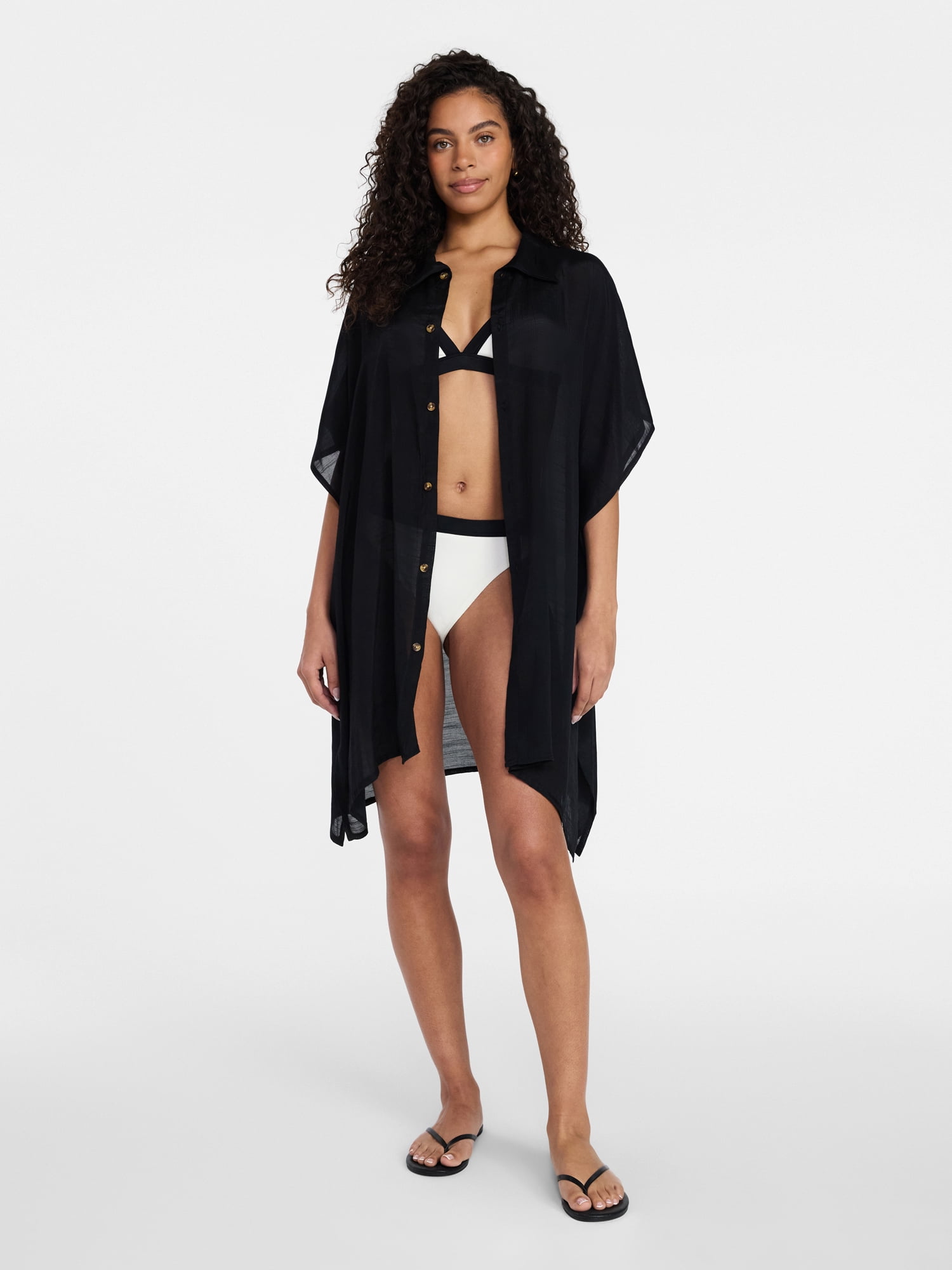 Time and Tru Women's Button Down Cover-Up, Black Soot, Sizes L/XL