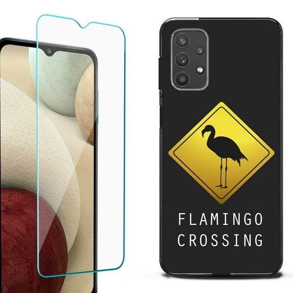 Slim-Fit Flexible TPU Gel Phone Case (black) for Samsung Galaxy A32 5G, with Tempered Glass Screen Protector, by OneToughShield ® - Flamingo