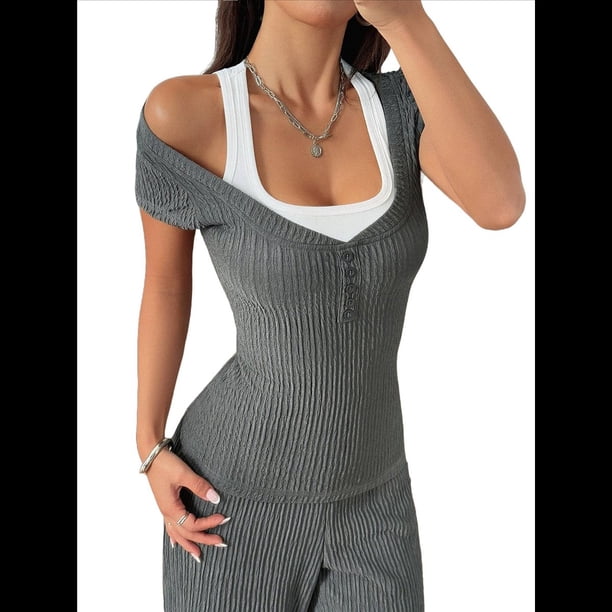 Tops Cortos Y2K para Mujer, Camisetas de Punto con Cuello en V y Mangas , Camisetas de Punto Ajustadas con Botones. Gris S