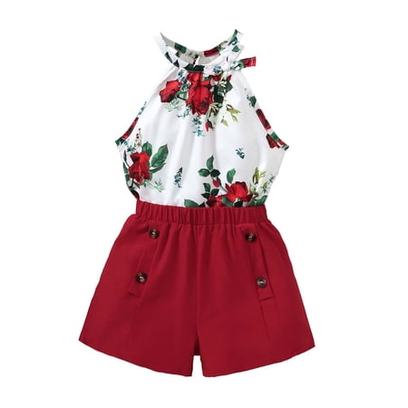 Kucnuzki 8T Toddler Girl Summer Outfits Shorts Sets Sleeveless Cute Floral Prints Camisole Tops Elastic Shorts 2PCS Set Red