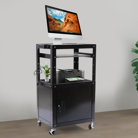 Miumaeov Steel Large AV Cart with Extra Storage - Adjustable Height Cart with Locking Cabinet, Pullout Tray, Power Strip and Easy to Assemble