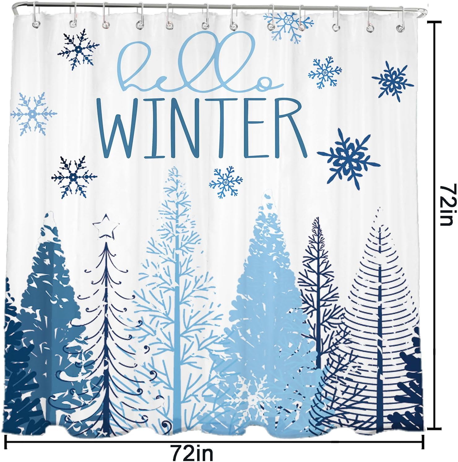 Winter Shower Curtain, 72"X72" Christmas Tree Shower Curtain, Blue Christmas Snowflake Shower Curtain with Hooks, Christmas Bathroom Decor, Waterproof Washable Polyester Holiday Xmas Bathroom Set