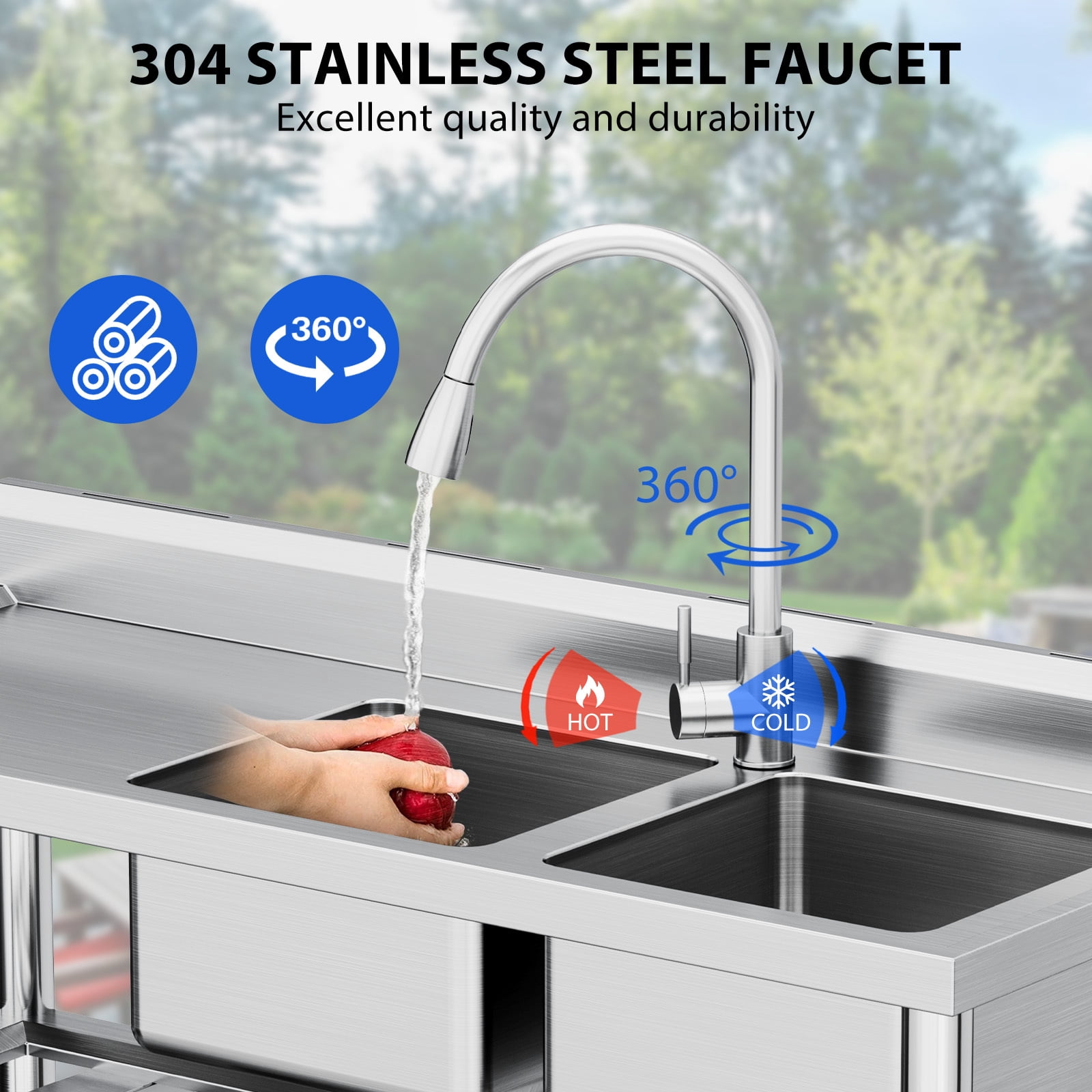 Garvee Double Bowl Utility Sink with Hot & Cold Faucet,Stainless Steel Kitchen Sink with Storage Shelves for Restaurant, Cafe, Bar, Hotel, Garage, Laundry Room