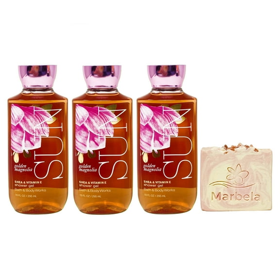 Bath & Body Works Golden Magnolia Sun 3 Pack Shower Gel Bundle with a Himalayan Salts Springs Bar Soap
