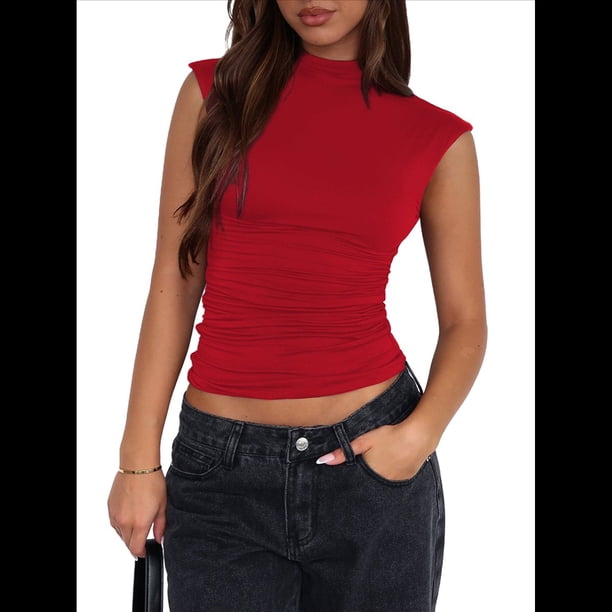 Tops Cortos Sin Mangas para Mujer, Camisetas Sin Mangas Fruncidas con Cuello Alto, Camisetas para Salir Y2K, Camisetas Ajustadas Lisas. Rojo S