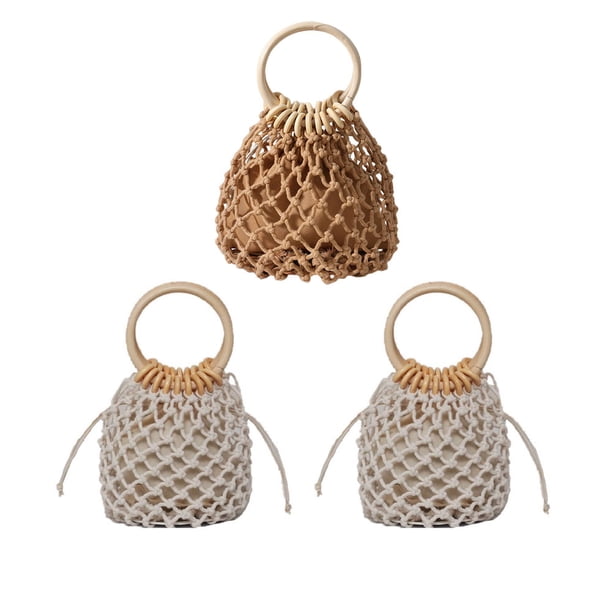 Bolso de mano mini para mujer, tipo cubo de agua, con cordón, tejido a mano, para playa, con red de pesca