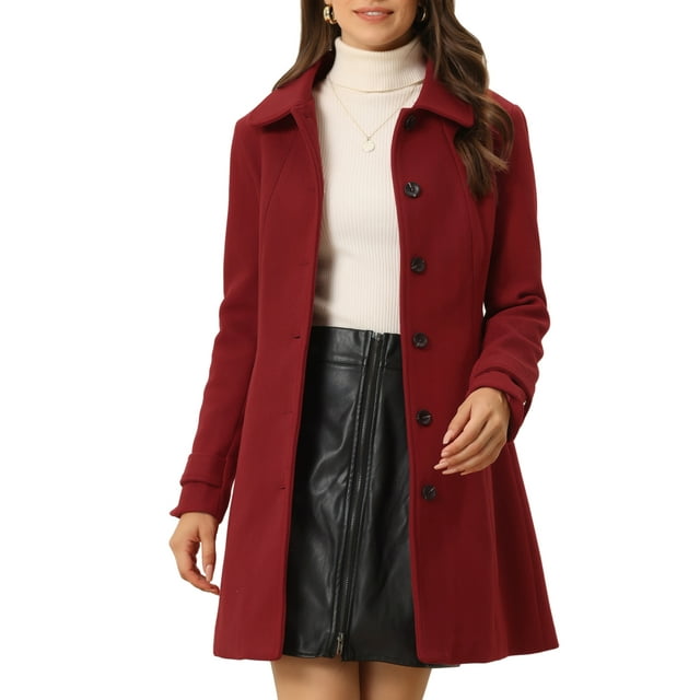 INSPIRE CHIC Manteau Long d'Hiver pour Femme à Col Peter Pan, à Simple Boutonnage, Rouge Uni, TP