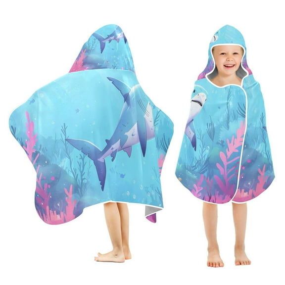 Shark Coral under Sea Kids Hooded Beach Towel Baby Bath Poncho Towels with Hood Absorbent 50"x23.5" for Pool Swimming