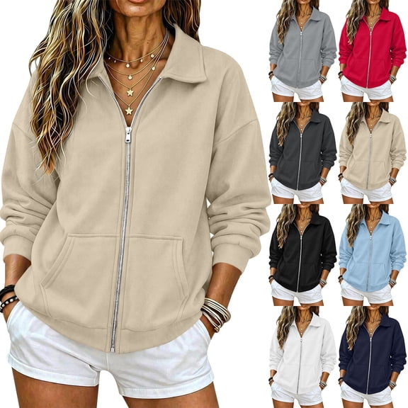 Womens Sweatshirts No Hood Zip Up Long Sleeve Loose Fall Jackets Oversized Stand Collar Y2k Clothes with Pockets 2026,S