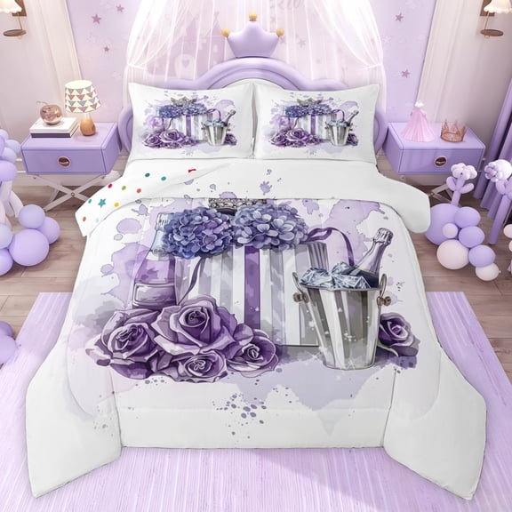 Castle Fairy Purple Floral Rose Twin Comforter Sets,Fashion Romantic Flowers Bedding Set