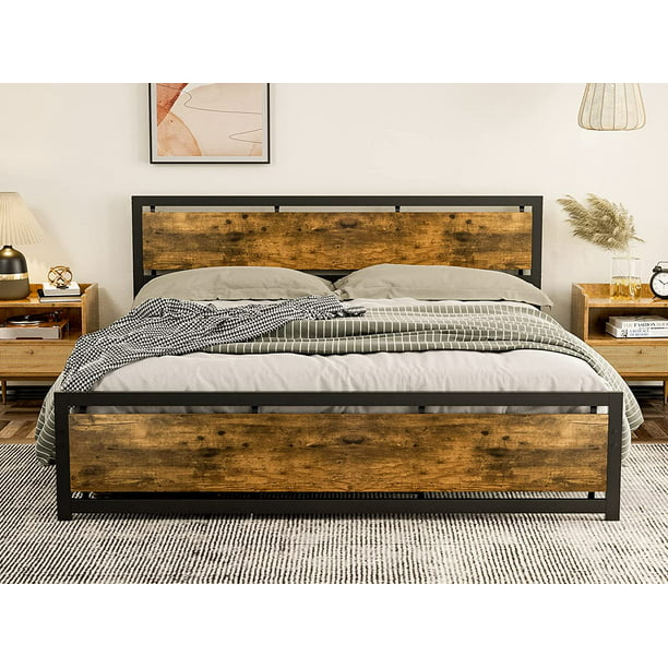 Metal And Wood Bed Frame, King Size Oak Panel Bed