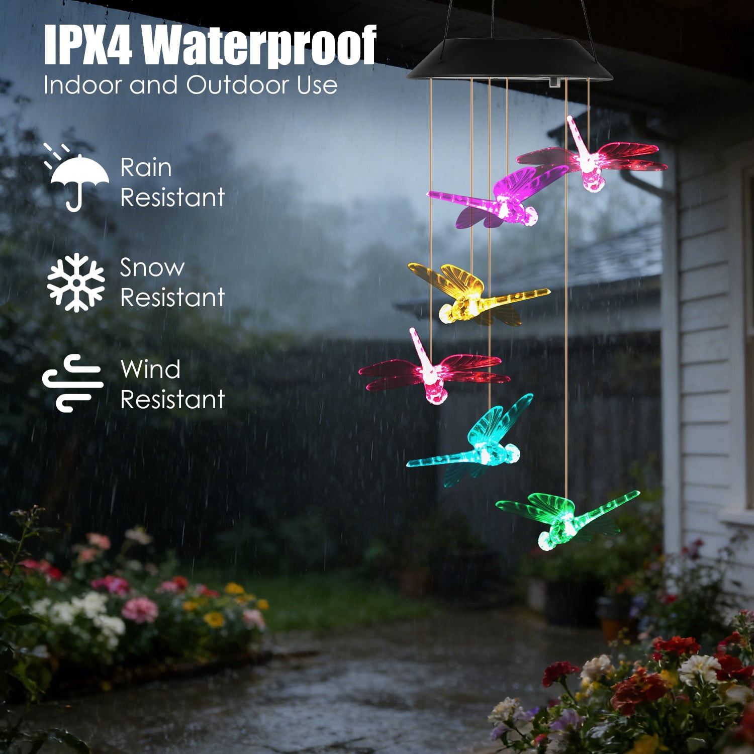 2PCS Solar Dragonfly Wind Chimes Color Changing LED Light IPX4 Waterproof Hanging Decor for Garden Patio Yard