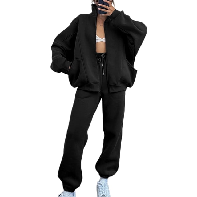 MAWCLOS Women Sweatsuits Long Sleeve Two Piece Outfit Solid Color Tracksuit Sets Warm Sports Zip Up Jogger Set Black L