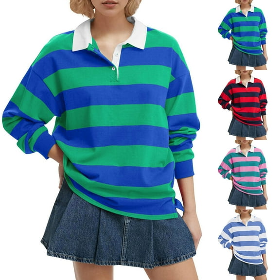 Eryao Womens Oversized Striped Sweatshirt Long Sleeve V Neck Lapel Collared Shirts 2024 Fall Winter Trendy Color Block Pullover Tops,Blue,XXL