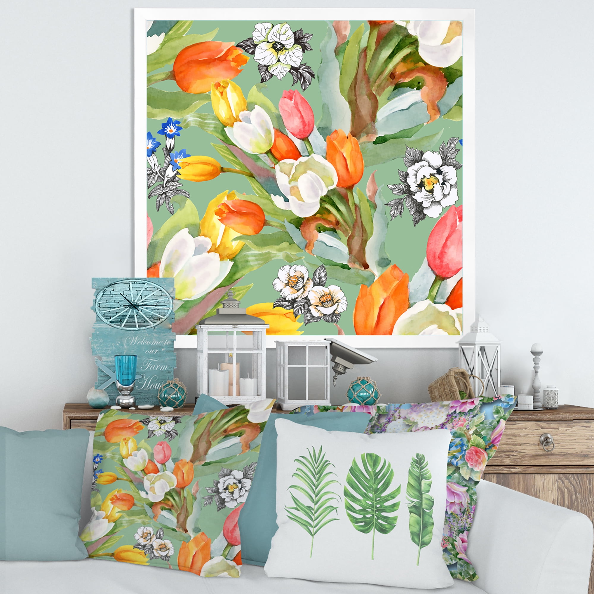 Designart 'Blooming Orange and White Tulips II' Traditional Framed Art Print