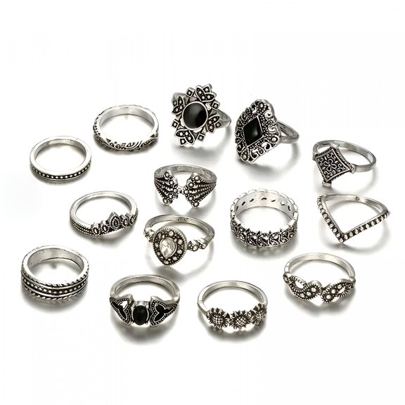 DESIGNICE 15Pcs/Set Rings for Women Bohemian Retro Crystal Flower Leaves Hollow Lotus Gem Ring Set Wedding Anniversary Gift