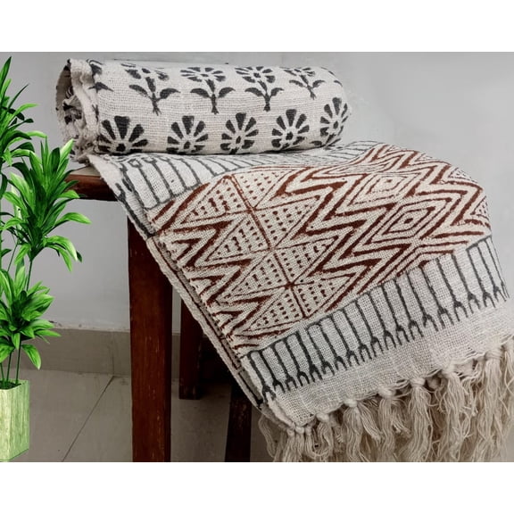 Premium Handmade Sofa Throw Hand Block Print Cotton Throw Blanket Sofa Room Décor Tassels Hand Loomed Lightweight Decorative throw For Home