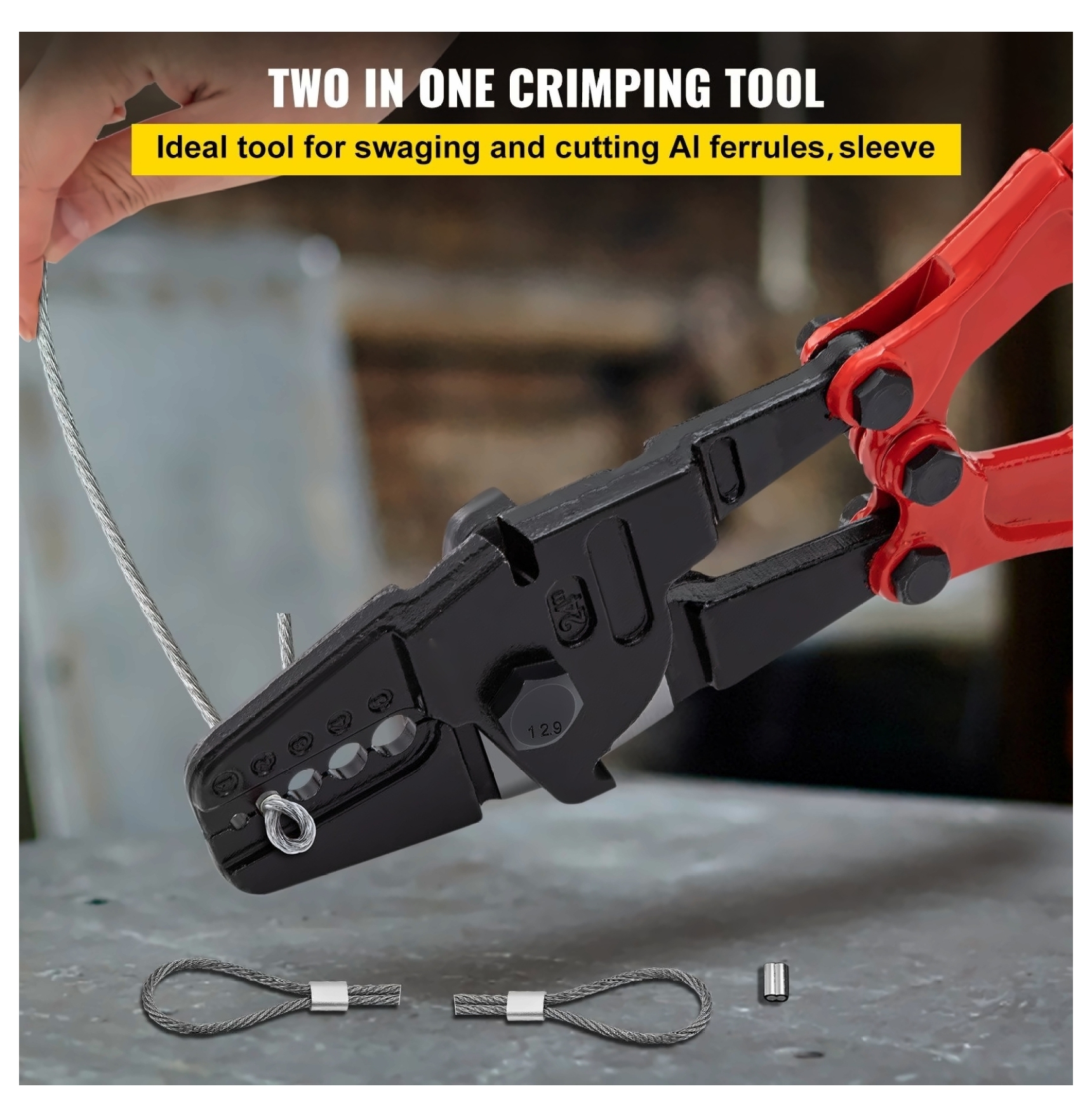 24" Hand Swager Cable Cutter 1/16"-3/16" Wire Rope Crimping Tool, 5-Cavity Steel Swage Kit with Labor-Saving Handle & Cutter for Aluminum Sleeves