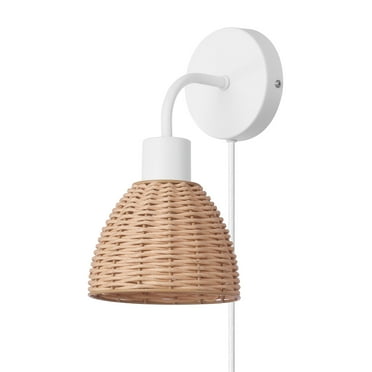 Globe Electric Briar 1-Light Matte White Plug-in or Hardwire Indoor Wall Sconce with Rattan Shade