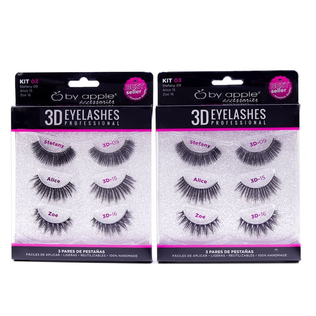 KIT 6 PARES PESTAÑAS POSTIZAS 3D BY APPLE ACCESSORIES 2PZ (Stefany 09 Alice 15 Zoe 16)