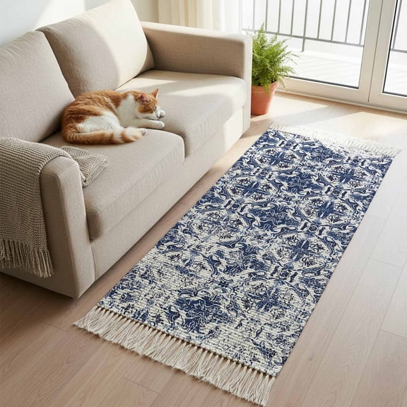 Navy Blue Boho Kitchen Runner Rug 2'x4', Ehtnic Abstract Art Modern Geometric Washable Rug with Tassels, Non Slip Woven Cotton Bathroom Rugs Hallway Carpet for Foyer Bedroom Entry Back Door Decor