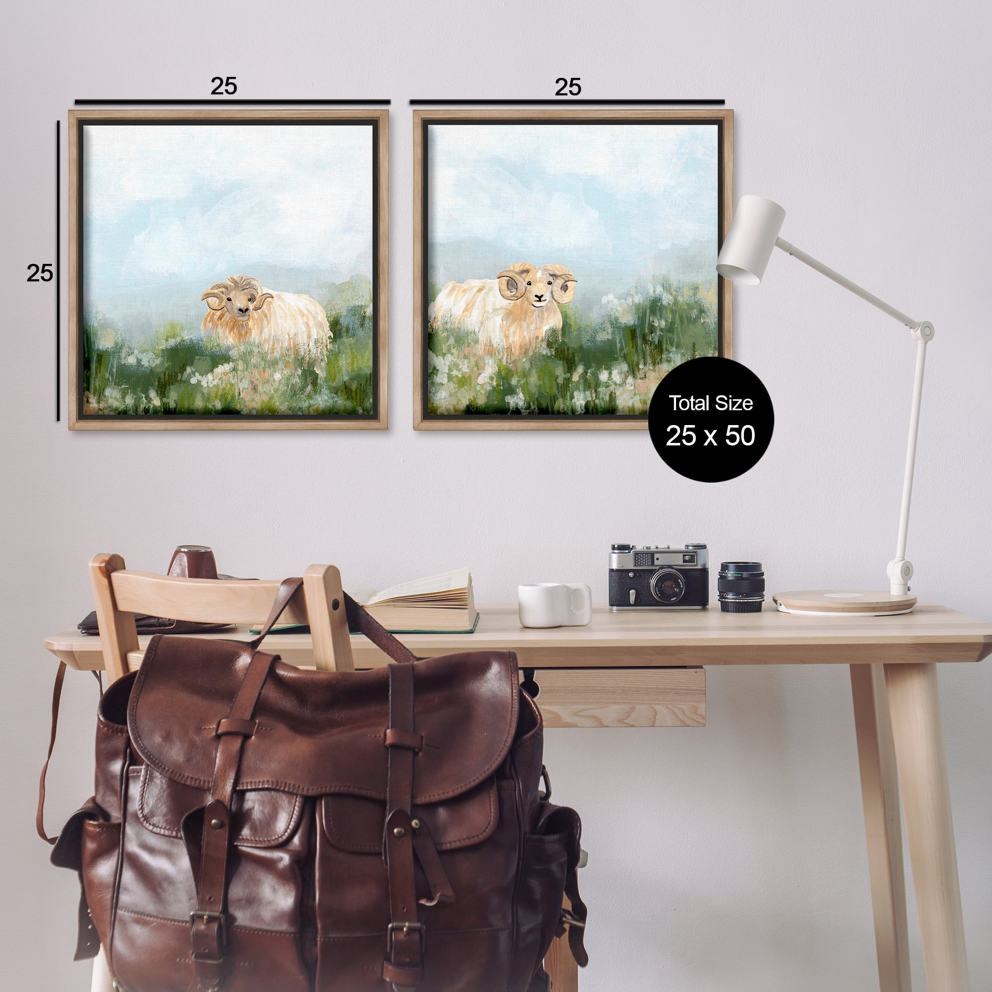 Stupell Industries Curly-Horned Sheep Field Animals Painting Brown Floater Framed Canvas Art Print Wall Art, 25 x 25, Set of 2