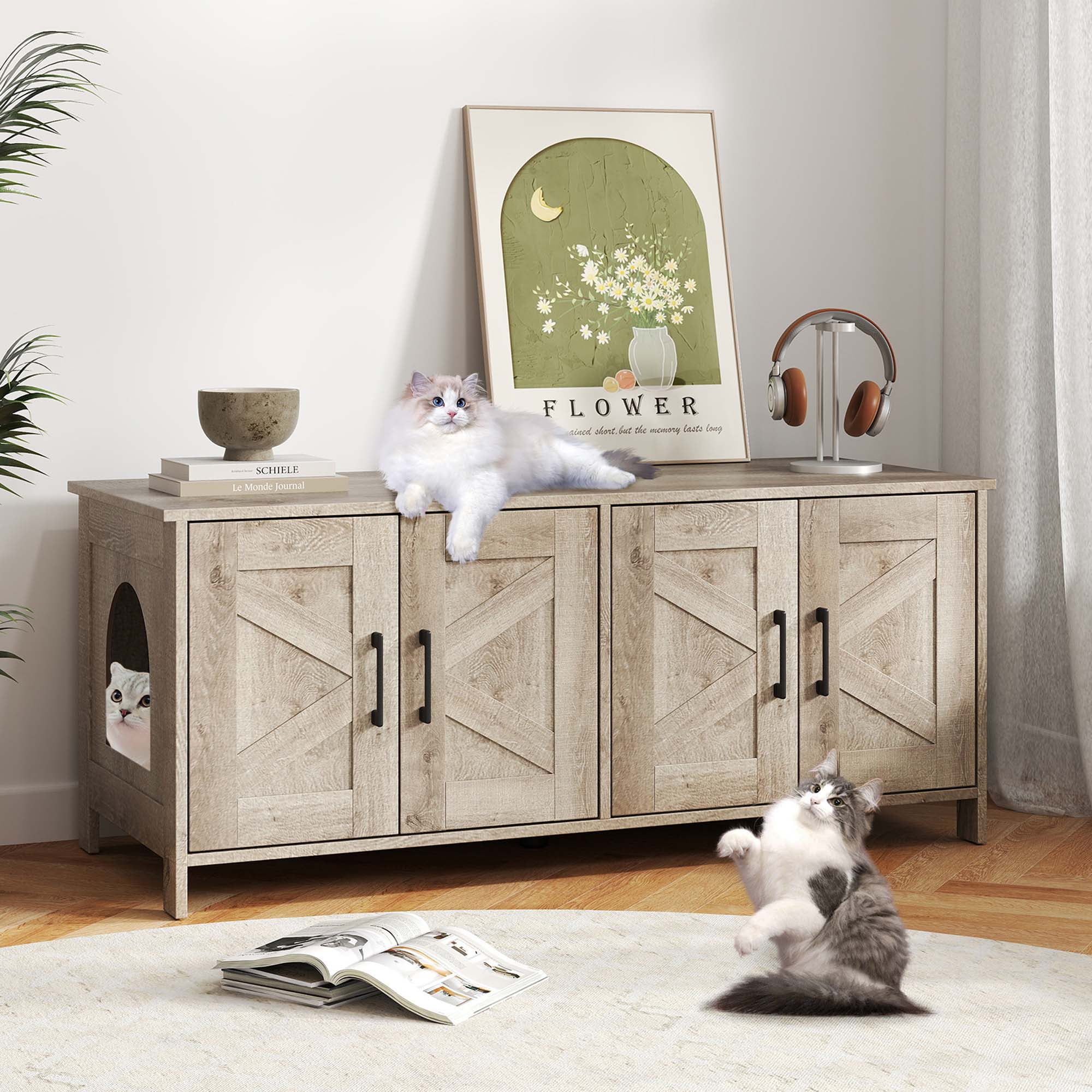 Gymax Cat Litter Box Enclosure for 2 Cats w/ Double Rooms Wooden Cat Washroom Cabinet Oak