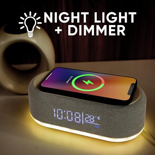 Westclox Digital Alarm Clock with Wireless Charging, Night Light, and Dimmer | LED Display with Temperature & Date | Modern Bedroom Clock for Adults