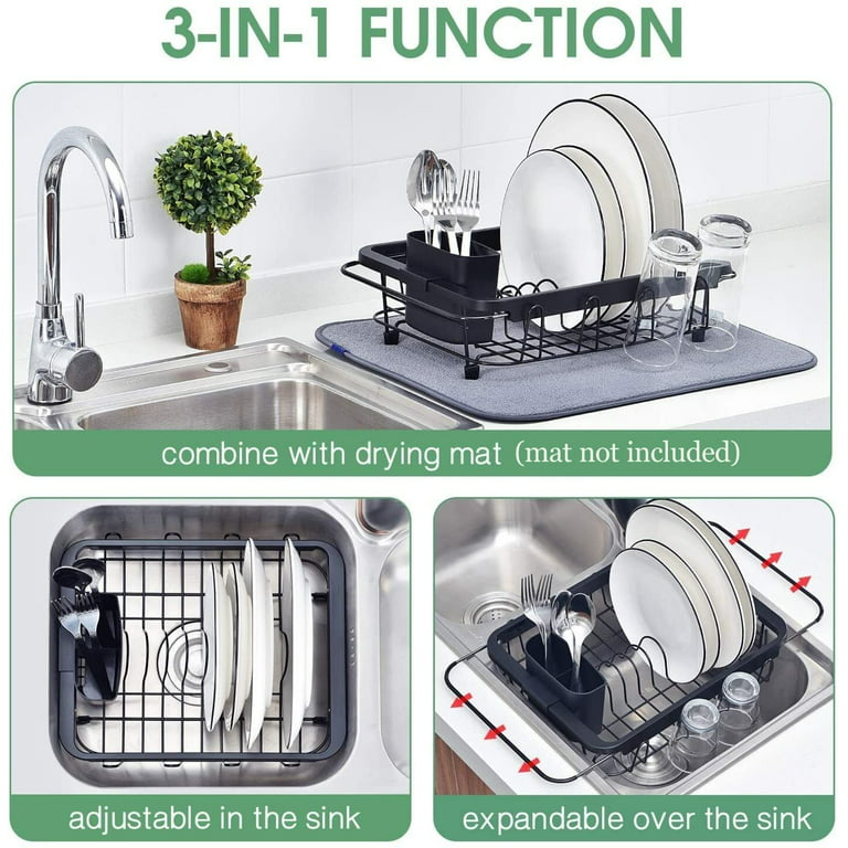 ACMETOP Dish Drying Rack, Expandable Large Dish Rack for Kitchen Counter, Rustproof  Dish Dryer Rack with Drainboard, Cutlery & Cup Holders, Dish Drainer for  Dishes, Knives, Spoon, Silver 