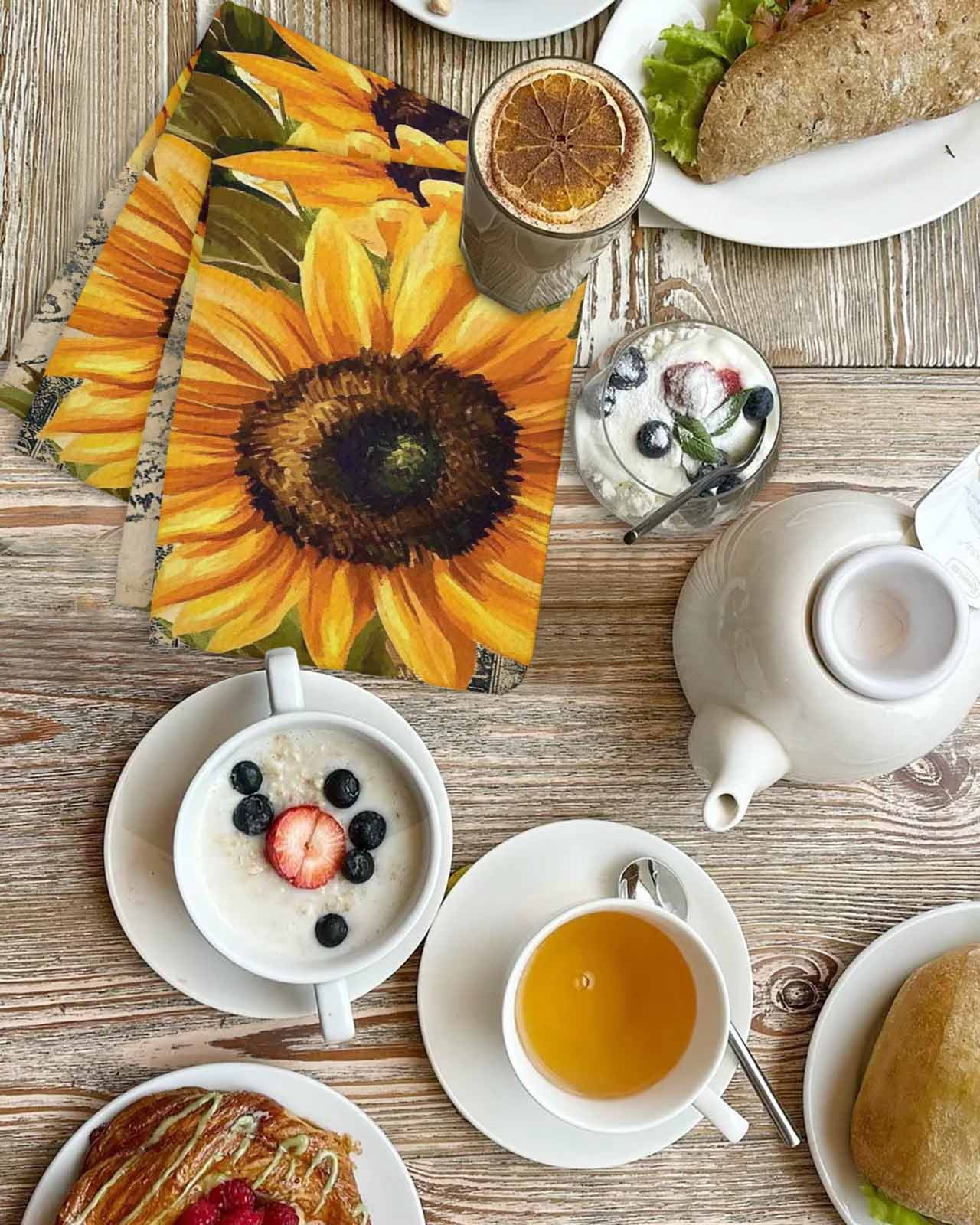 Yellow Sunflower Hand Towels Set, Waffle Weave Kitchen Towels 2 Pieces, Watercolor Retro Floral Plant Leaf Microfiber Hair Face Bath Tea Towel Absorbent Quick Drying Cleaning Dish Cloths 15.7"x23.6"