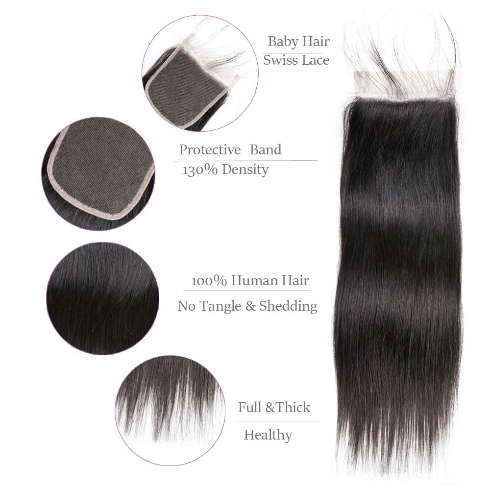 Brazilian Straight Virgin Hair 3 Bundles With Closure Free Part 26"28"30"with 22" Closure 100% Unprocessed Remy Human Hair Extensions, Hair Weft Weave With Lace Closure, Natural Color