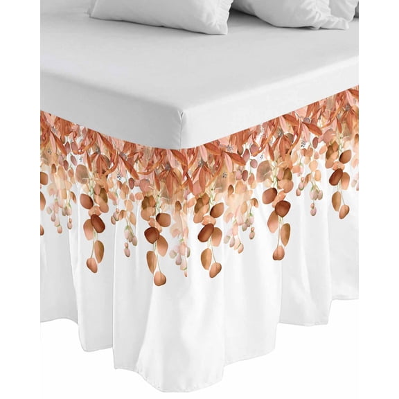 Burnt Orange Botanical Wrap Around Bed Skirts for King Bed 16" Drop,Bed Skirt with Adjustable Elastic Belt Dust Ruffle Bed Valance for Bedroom Hotel Eucalyptus Leaves Pastoral Floral Bed Frame Cover
