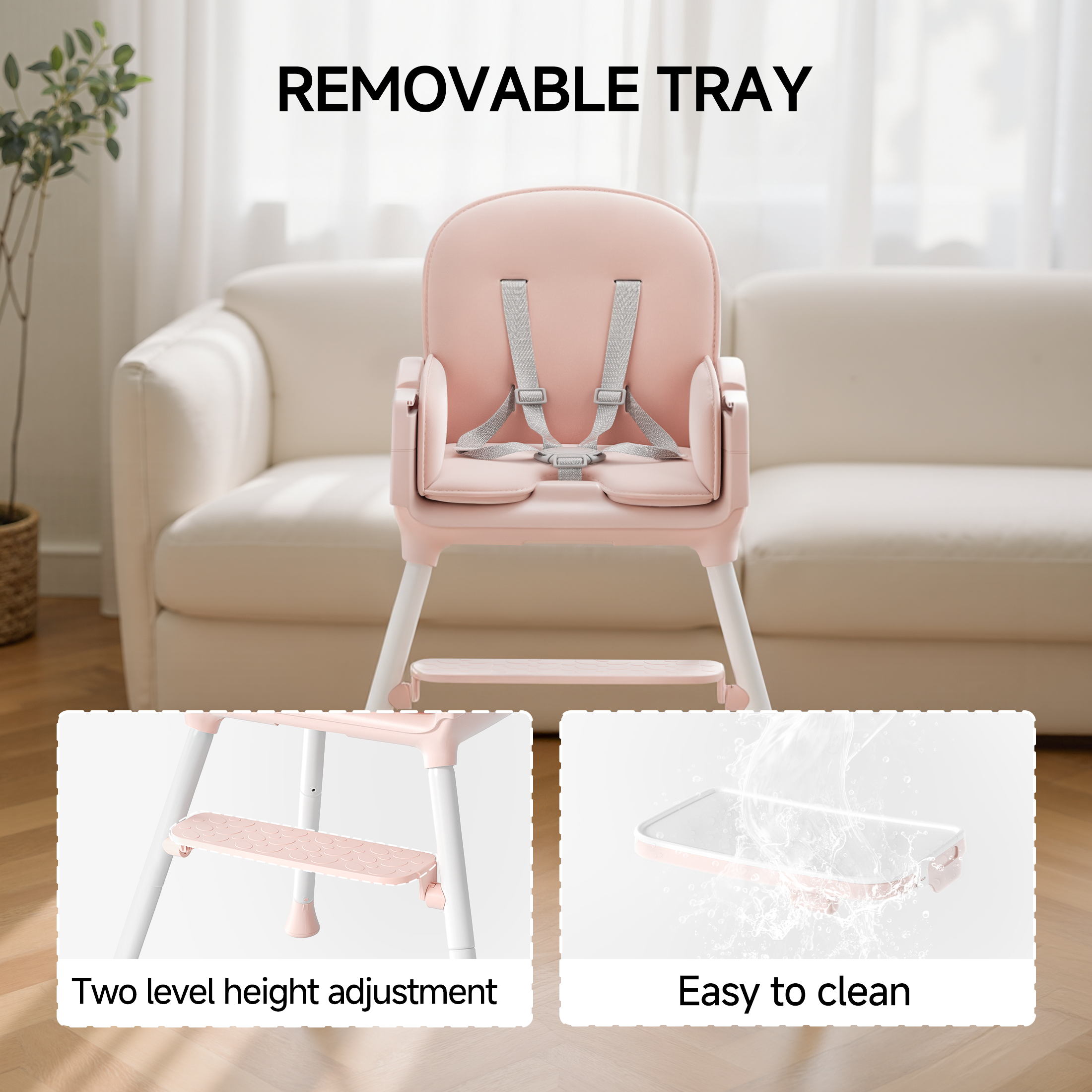 Babyomi 3-in-1 foldable Baby high chair, convertible highchairs for babies and toddlers with Adjustable Legs & Dishwasher Safe Tray, for6 months to 5 years old， Pink