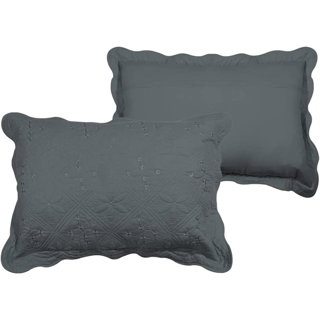 2-Piece Embroidered Cotton Quilted Bed Pillow Shams Rustic Solid Color Soft Decorative Pillow Cases Set (Grey,20"x28")